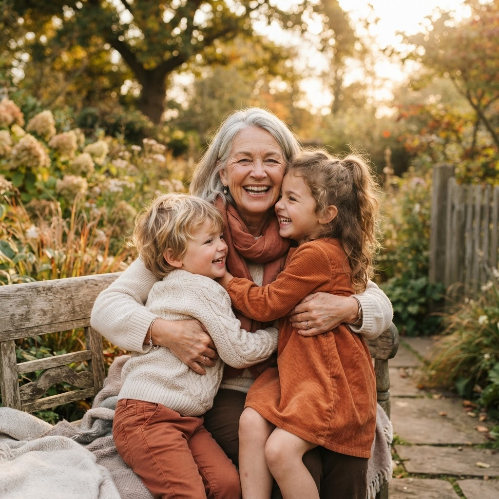 A grandmother laughing and hugging her two grandchildren outdoors