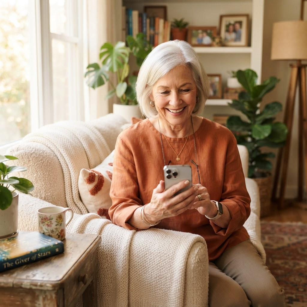 A grandmother smiling confidently while using her phone at home